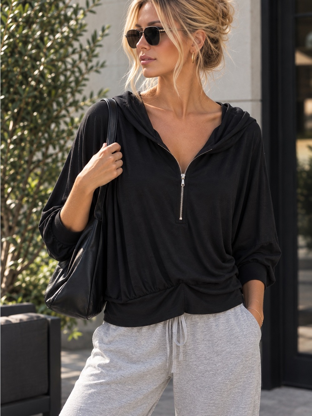 Women's Black Half-Zip Hooded Pullover Top